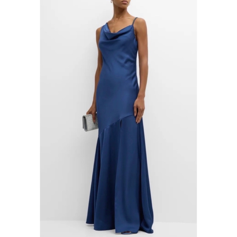 Sachin & Babi Lucy Gown Indigo Satin Cowl Neck Beaded Strap NWT Sz 6 $695